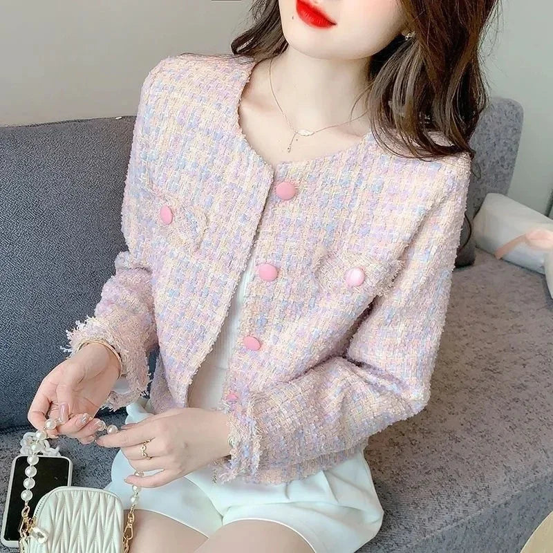 Women's Jacket 2024 Spring Autumn New Pink Tweed Small Fragrance Coat Short Jacket Korean Fashion Elegant Female Outerwear Tops
