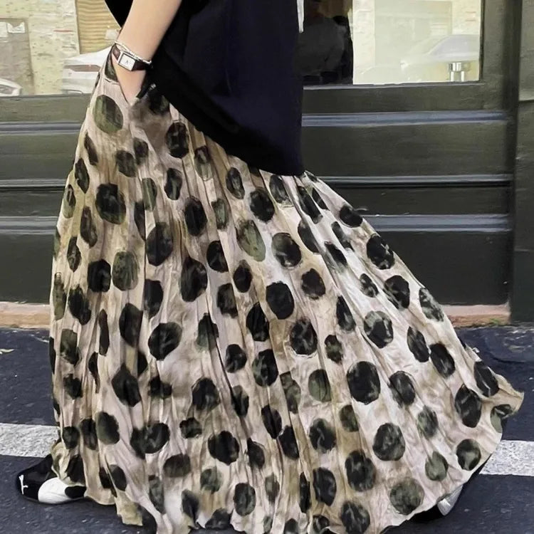 Elegant Green Dot Skirt Women Vintage High Waisted Holiday Beach Skirt A Line Skinny Print Tie Dye Pretty Style Skirt