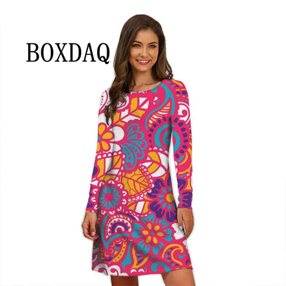 Flower Power Women Dress Retro Hippie 60s Elegant Long Sleeve Loose Dress Casual Fashion Oversized Autumn Woman Print Mini Dress