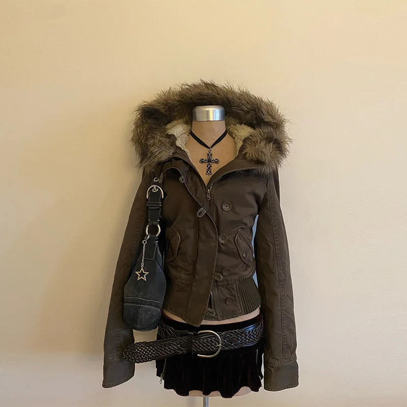 Vintage Women's Cropped Hooded Coats Fur Collar Full Sleeve Single Breasted Pocket Jacket 2025 Autumn Lady Y2K Warm Outwears New