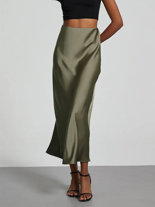Fashion Satin Party Long Skirt High Waist Solid Color Casual Basic Women Skirts Fishtail Skirt Chic Summer Woman Clothing 2025