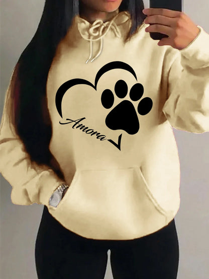Love And Little Cat Foot Creative Print Women Hoody Fashion Autumn Sweatshirt Pocket Hoodie Sport Style Comfortable Pullover