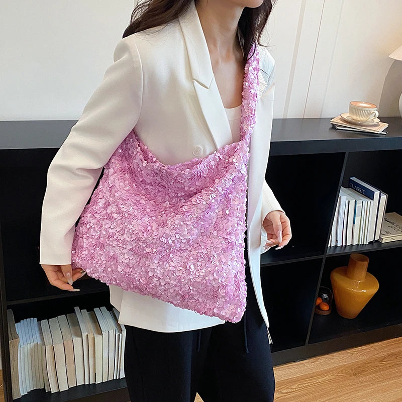 Fashion Sparkly Sequin Sweet Tote Bag for Women Casual Glitter Shopper Shoulder Bag for Party Large Capacity Youth Shiny Handbag