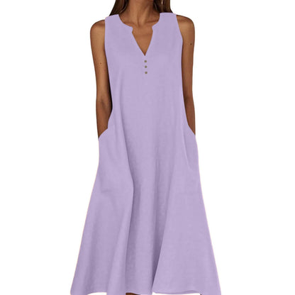 Women's Summer Casual V-neck Button Solid Color Sleeveless Long Dress With Pockets Female Elegant Trendy Casual Loose Dresses