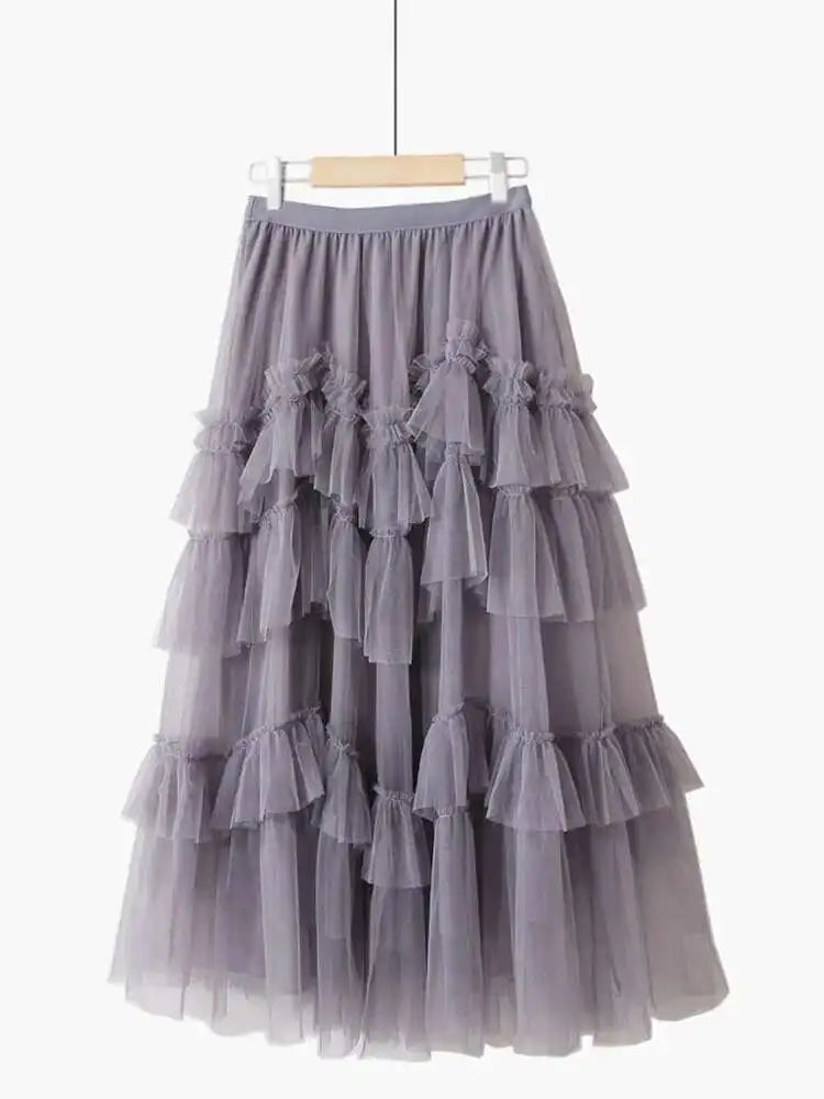 XFPV 2025 Autumn Summer Fashion Elegant Purple Cake Skirt Women Ruffles All-Match Mesh Stitching High Waist Midi Faldas SM1982