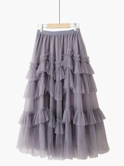 XFPV 2025 Autumn Summer Fashion Elegant Purple Cake Skirt Women Ruffles All-Match Mesh Stitching High Waist Midi Faldas SM1982