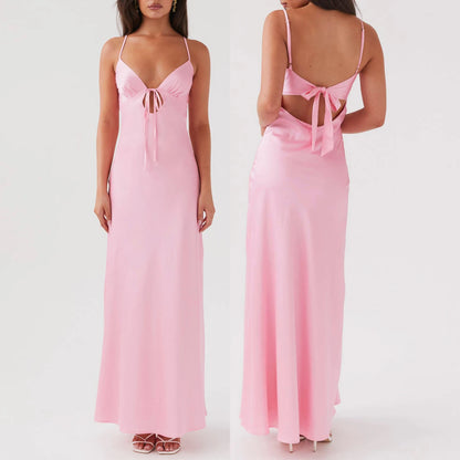 Combhasaki Women's Elegant Solid Color Adjustable Thin Shoulder Straps Cutout Tie-Up Front Backless Summer Long Cami Silky Dress