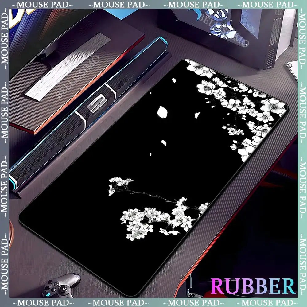 Black rubber mouse pad with white flower computer keyboard mouse pads office computer accessories pad game non-slip desk mat