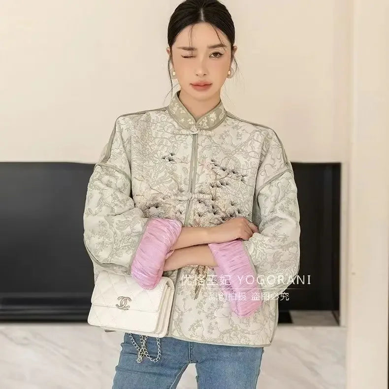 High Quality Jacquard Embroidery Short Jacket Women Loose Vintage Korean Long Sleeve Tangsuit Cheongsam Coats Chinese Style Tops