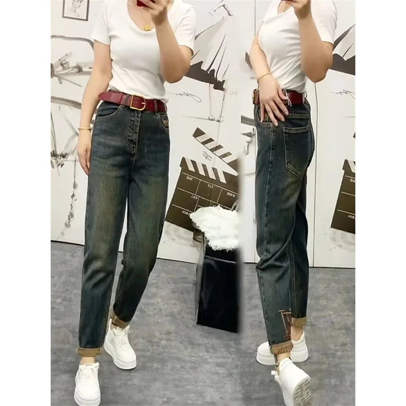 2025 NEW Spring Autumn Embroidery High Waist Straight Jeans Loose Fit Stretch Haren Denim Pants Ladies Ankle-Length Jeans Pants
