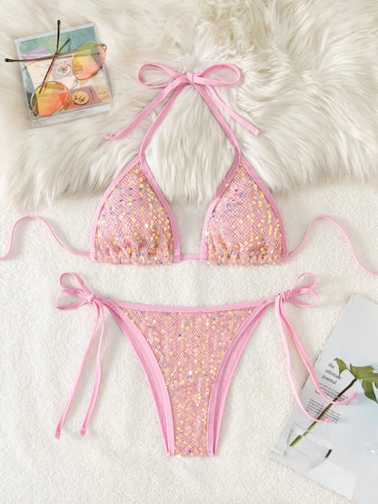 Shiny Sequin Black Bikini Set Women Sexy Push Up Bra Tie Side Triangle Swimsuit 2025 Brazilian Beach Bathing Suit Micro Swimwear