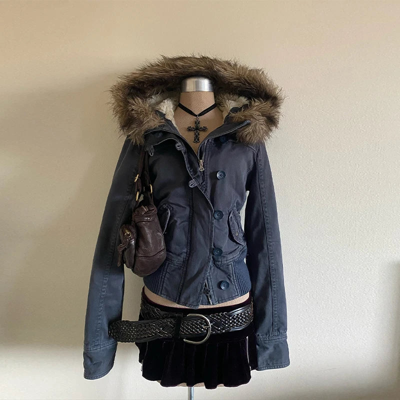 Vintage Popular New Fashion Fur Collar Jacket Female Street Hip Hop Casual Joker Loose Padded Velvet Cotton-padded Jacket Coats