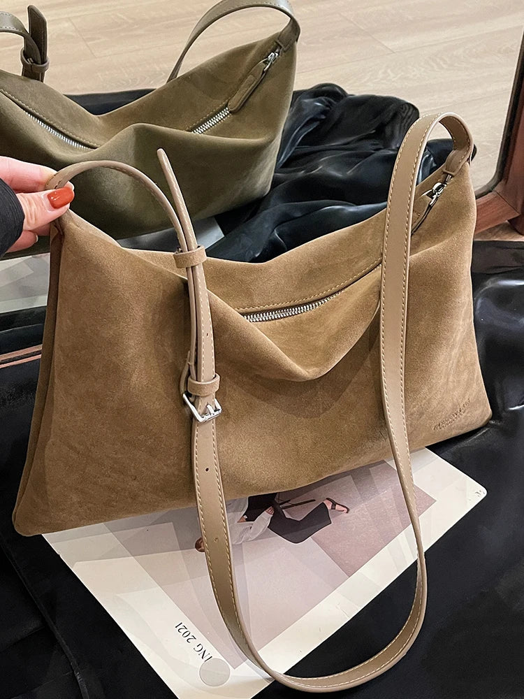 Vintage Suede Tote Bag For Women Autumn Winter New Large Capacity Commute Shoulder Crossbody Bags Fashion Trend Underarm Bags