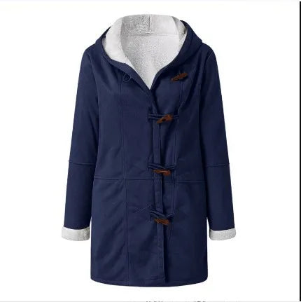 Coat Women's Jacket Cow Horn Buckle Pockets Solid Color Fleece Lined Hooded Overcoat Female Outerwear Winter Clothes Women