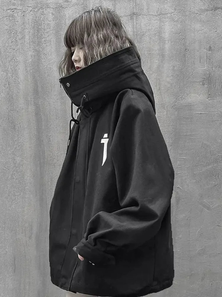 Hikigawa Chic Fashion Women Punk Style Turtleneck Hooded Jackets Vintage Loose High Street Zipper Cardigan Coats Tops Mujer