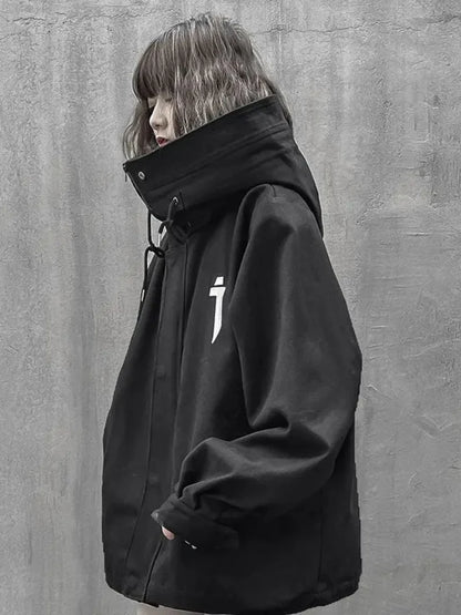 Hikigawa Chic Fashion Women Punk Style Turtleneck Hooded Jackets Vintage Loose High Street Zipper Cardigan Coats Tops Mujer