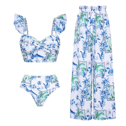 Flaxmaker Summer New Women Sexy Hawaiian Lace Up V Neck Ruffle Swimsuit and Sarong Women Swimwear Set Push Up Bathing Suit