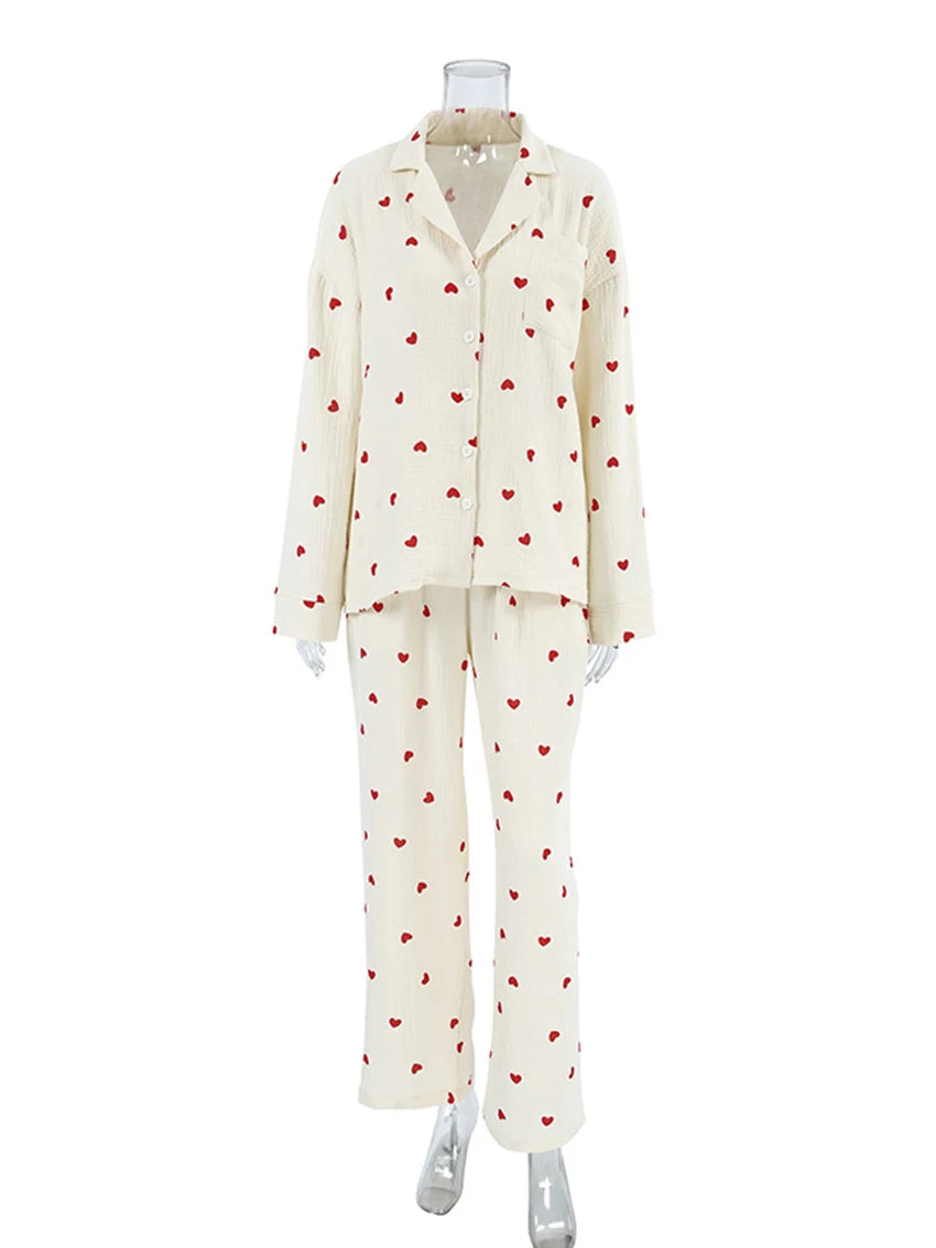 Marthaqiqi Loose Ladies Sleepwear Suit Sexy Turn-Down Collar Nightwear Long Sleeve Nightgowns Pants Printing Female Pajamas Set