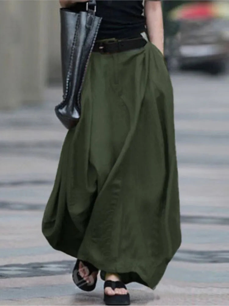 Autumn Women's Vintage Simple Skirt Summer Fashion Loose Solid Cotton Linen High Waist Casual Beach A-line Maxi Skirts Female