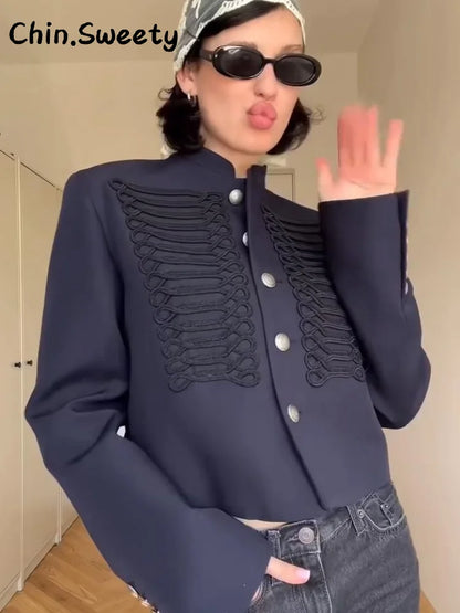Vintage Cropped Napoleon Jacket Women Solid O-neck Long Sleeve Single Breasted Jackets Female 2026 Spring Lady Chic Outwear New