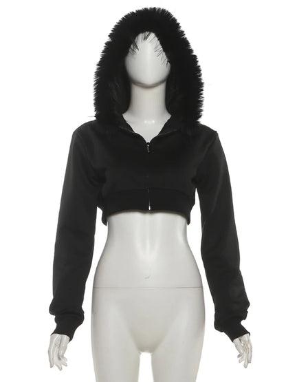 Weird Puss Furry Patchwork Jacket Women Hooded Autumn Trend Zip Super Short Full Sleeve Simple Wild Gothic Punk Street Club Coat