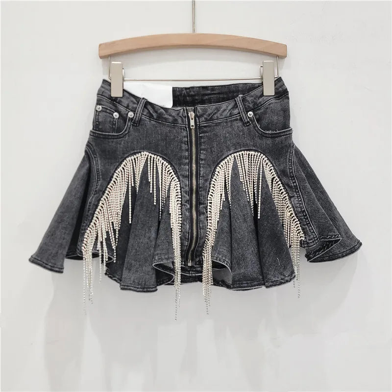 DEAT 3D Cutting Ruffled Edge Denim Skirts For Women 2024 Summer New Fashion Zipper Splicing Pleated Elastic Skirt Female 11A0198