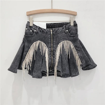 DEAT 3D Cutting Ruffled Edge Denim Skirts For Women 2024 Summer New Fashion Zipper Splicing Pleated Elastic Skirt Female 11A0198