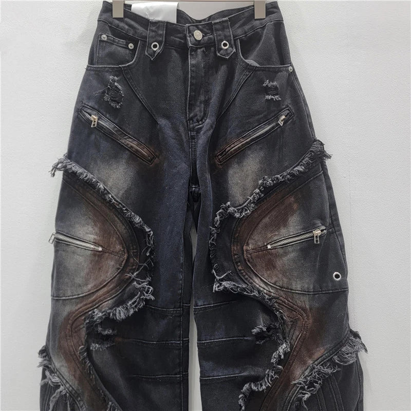DEAT 2025 Autumn New Fashion Patchwork Burrs Cargo Denim Pants For Women High Waist Loose Wide-leg Jeans Female Trendy 11A06257