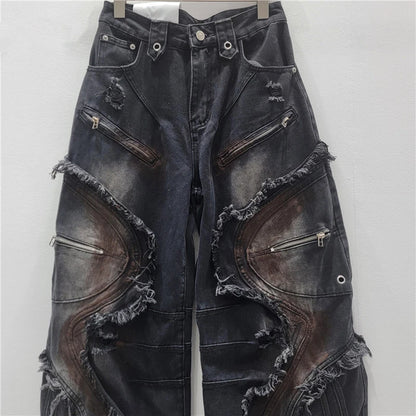 DEAT 2025 Autumn New Fashion Patchwork Burrs Cargo Denim Pants For Women High Waist Loose Wide-leg Jeans Female Trendy 11A06257