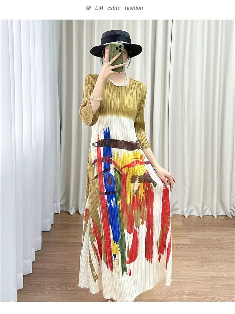 Beautiful Long Dresses Womens Dresses Miyake Summer Design Sense Round Neck Cropped Sleeve Pattern Printed Pleated Dress Female