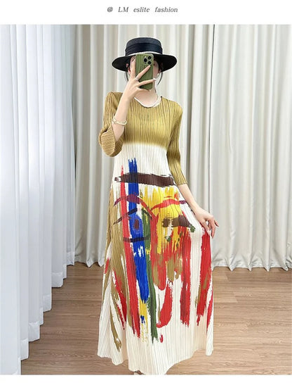 Beautiful Long Dresses Womens Dresses Miyake Summer Design Sense Round Neck Cropped Sleeve Pattern Printed Pleated Dress Female