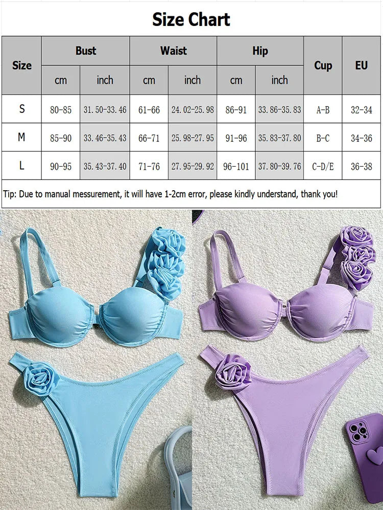 2025 New Sexy Bikini Set Women Swimsuit 3d Flower Strap Swimwear Push Up Thong Bathing Suit Underwire Biquini 2 Piece Beachwear