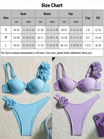 2025 New Sexy Bikini Set Women Swimsuit 3d Flower Strap Swimwear Push Up Thong Bathing Suit Underwire Biquini 2 Piece Beachwear