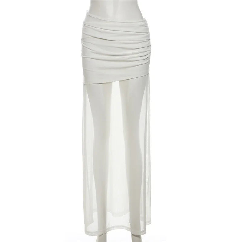 Sylcue Mesh Patchwork Long Skirts Women 2025 New Trend Ruched Elastic Waist Street Fashion Versatile Y2K Style Elegant Bottoms