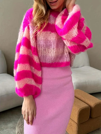Women's autumn and winter striped contrasting one necked off shoulder casual versatile loose long sleeved pullover sweater