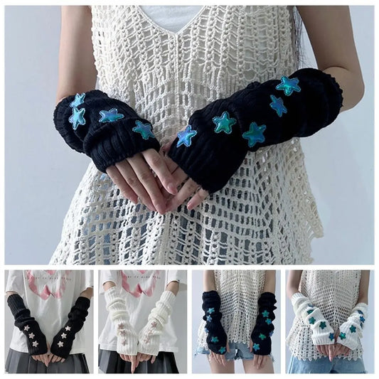 Punk Solid Color Star Knitted Gloves Y2k Gothic Wool Sleeve Cuff Long Hand Sleeve Arm Warmers Winter