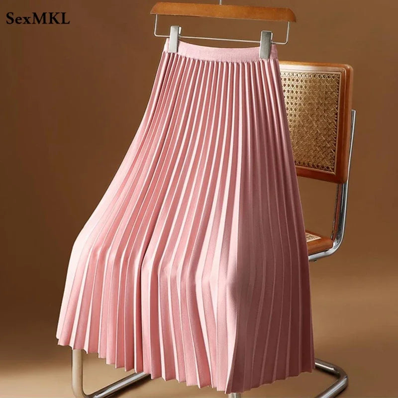 Summer Long Pleated Skirts Womens 2024 Korean Fashion Clothes Elegant High Waist Faldas Chiffon Casual A Line Black Pink Skirt