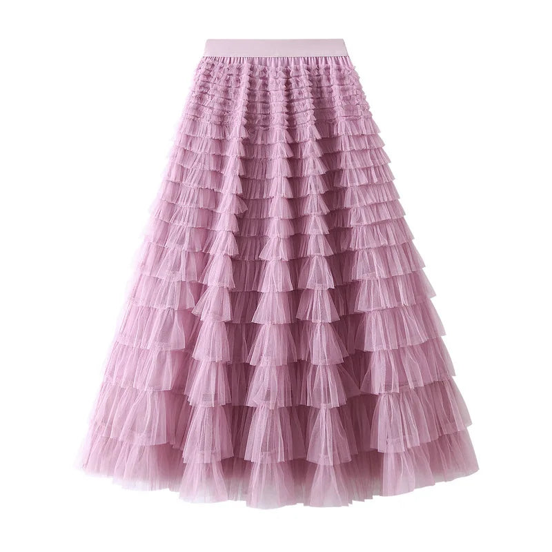 New Arrival 2025 Tulle Cake Long Skirt Women Spring Summer Ruffle Pleated A-Line Chic Skirt Ladies Sweet Black White Tutu Skirts