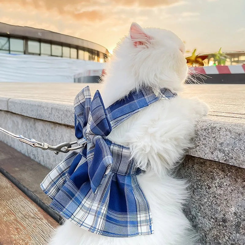Bow Puppy Cat Dresses Summer Pet Clothes Fashion Plaid JK Dress with Leash Sets for Small Dogs Cats Kitten Clothing ropa gato