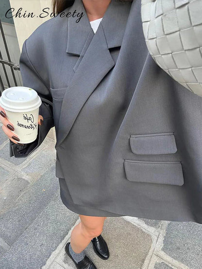 Street Women's Asymmetric Suit Blazer Loose Lapel Full Sleeve One Button Split Jackets 2026 Spring Summer Lady Chic Outwear New