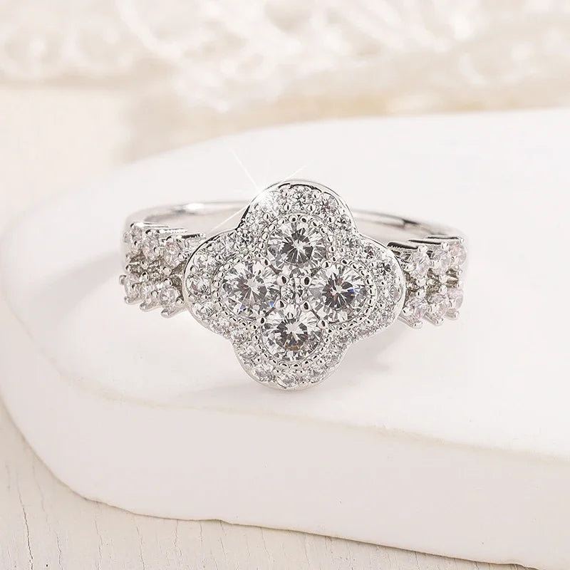 Fine Jewelry Four-Leaf 18k White Gold Plated Diamond Ring For Women S925 Sterling Silver Engagement Wedding Jewelry Gift