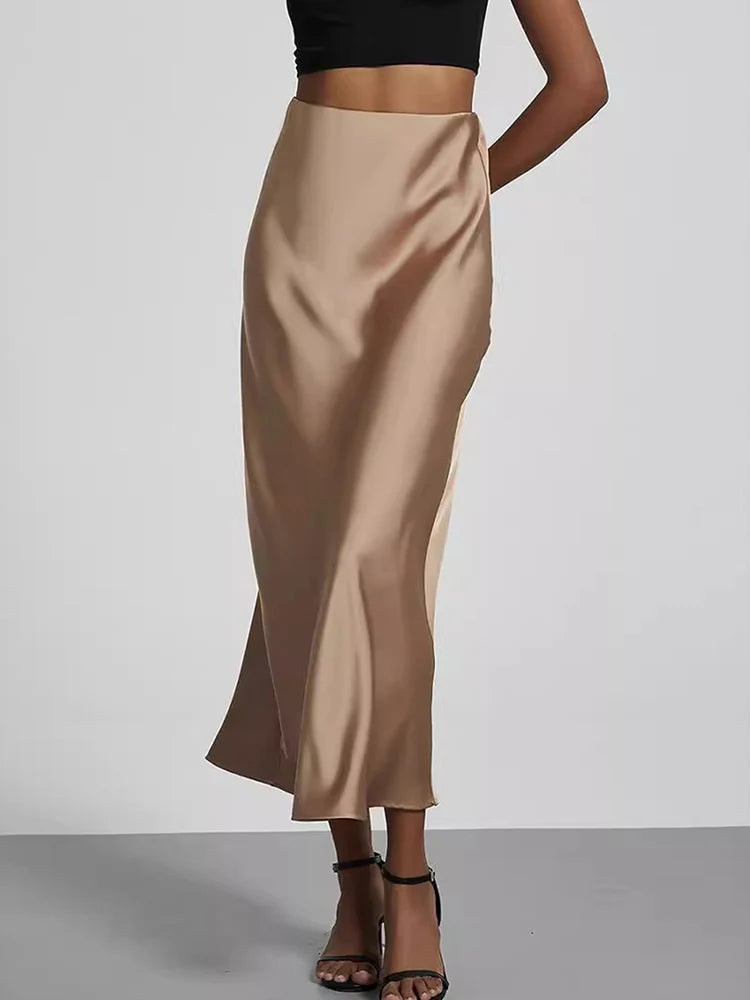 Fashion Satin Party Long Skirt High Waist Solid Color Casual Basic Women Skirts Fishtail Skirt Chic Summer Woman Clothing 2025