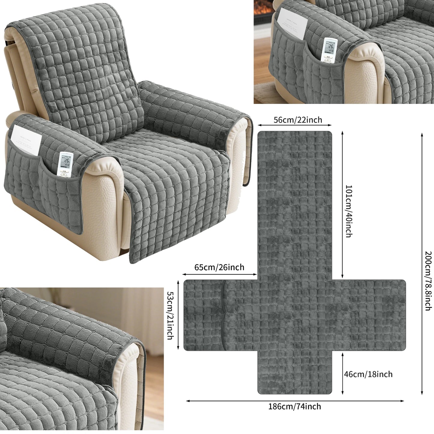 Quilted Recliner Sofa Cover Waterproof Armchairs Slipcovers Dogs Pets Kids Anti-Slip with Side Pockets Elastic Strap Protector