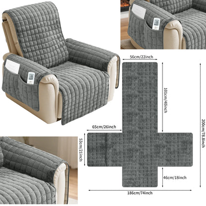 Quilted Recliner Sofa Cover Waterproof Armchairs Slipcovers Dogs Pets Kids Anti-Slip with Side Pockets Elastic Strap Protector