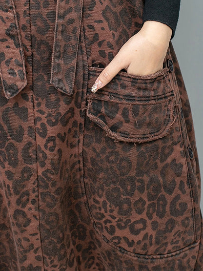[EAM] High Waist Leopard Print Denim Pocket Big Size Overalls Wide Leg Jeans New Women Fashion Tide Spring Autumn 2026 1DH6428