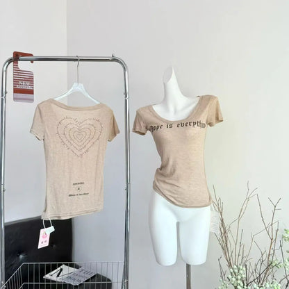 Women T Shirt 2025 Summer New Round Neck Letter T-shirts Casual Slim Fit Waist Spicy Girl Printed Short Sleeved Top