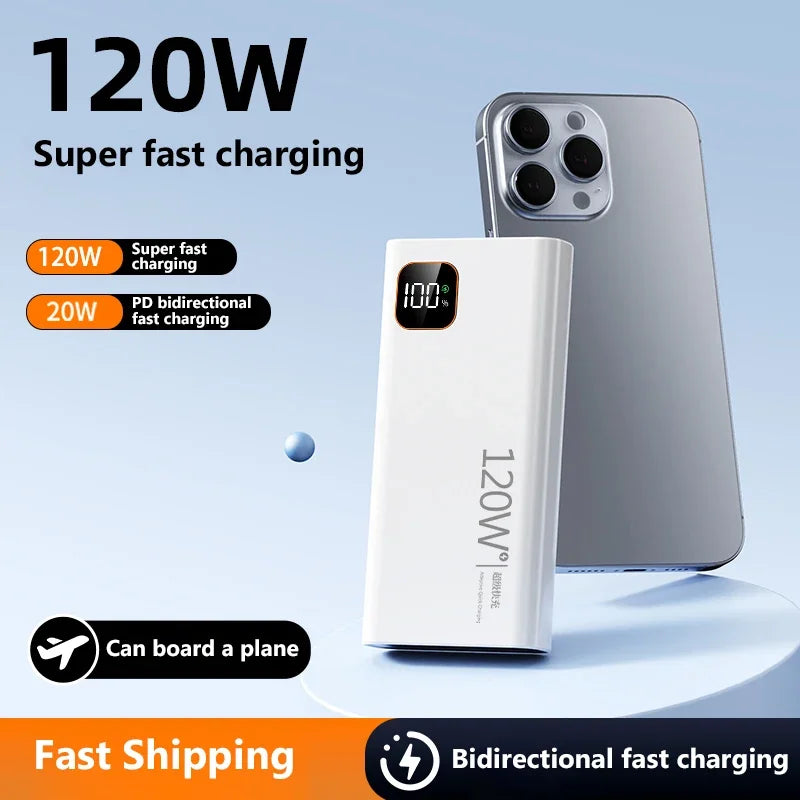 Lenovo 500000mAh Portable Power Bank 120W Large Capacity Super Fast Charging Digital Display External Battery Powerbank New