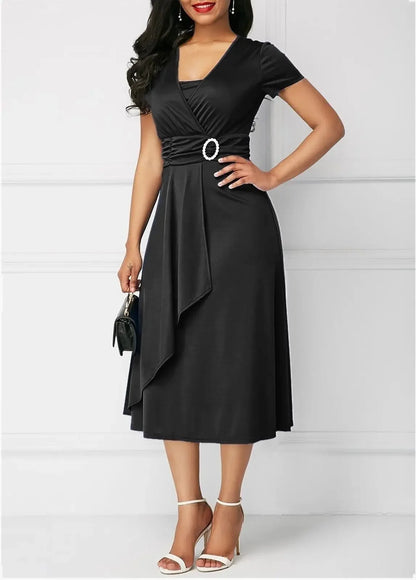 Elegant Women Solid Color Short Sleeve V Neck Asymmetric Hem Waist Tight Midi Party Dress Ladies Evening Vestidos