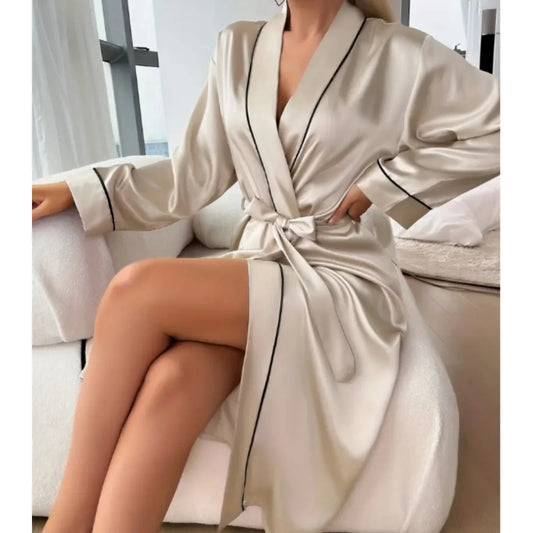 Solid Color Long Ice Silk Pajama Summer Thin Home Clothing Cardigan Bathrobe