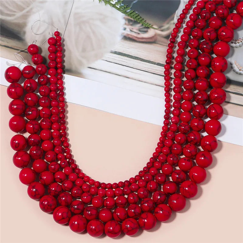 1 Strand Red Turquoise Stone Beads 4/6/8/10/12mm Round Natural Gemstone Bead for DIY Bracelet Necklace Jewelry Making Wholesale